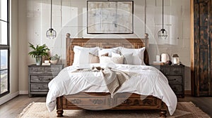 The bedroom features a weathered wooden bed frame with intricate carvings paired with crisp white bedding and a set of