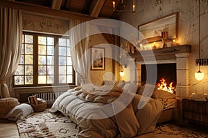 Bedroom featuring a large bed and fireplace with plush textures and warm lighting, A cozy bedroom with plush textures, warm