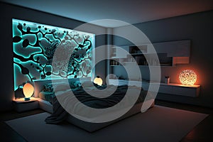 A bedroom featuring LED lights with a modern and trendy vibe. Generative AI