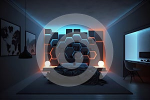 A bedroom featuring LED lights with a modern and trendy vibe. Generative AI