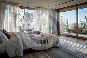 A bedroom featuring a sizable bed and expansive windows, allowing natural light to fill the room, A master bedroom with a plush