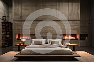 A bedroom with a fireplace and a bed, AI