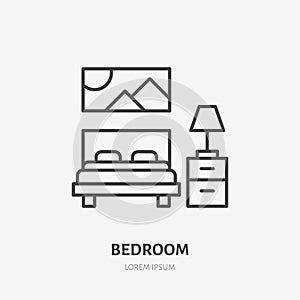 Bedroom flat line icon. Apartment furniture sign, vector illustration of bed, bedside table, lamp, decorations. Thin