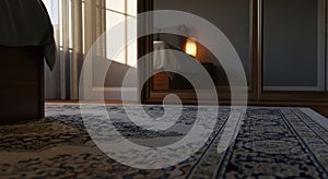 bedroom floor with rug and mirrored wardrobe doors