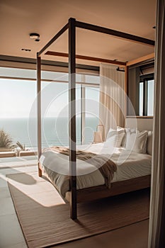 A bedroom with a four poster bed and a view of the ocean. Generative AI image.