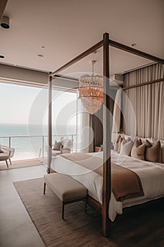 A bedroom with a four poster bed and a view of the ocean. Generative AI image.