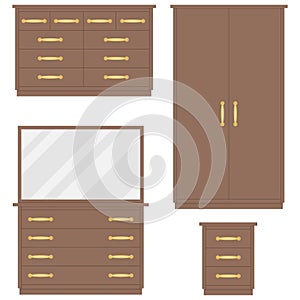 Bedroom furniture. Chest of drawers, wardrobe, dressing table, bedside table.