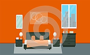 Bedroom with furniture. Flat style vector illustration. Cozy interior. Hotel room