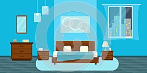 Bedroom with furniture. Flat style vector illustration. Cozy interior. Hotel room