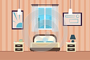 Bedroom with furniture. Flat style vector illustration. Cozy interior. Hotel room