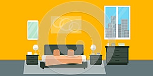 Bedroom with furniture. Flat style vector illustration. Cozy interior. Hotel room