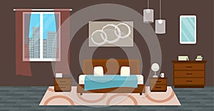 Bedroom with furniture. Flat style vector illustration. Cozy interior. Hotel room