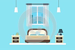 Bedroom with furniture. Flat style vector illustration. Cozy interior. Hotel room