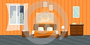 Bedroom with furniture. Flat style vector illustration. Cozy interior. Hotel room