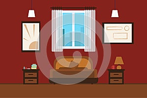 Bedroom with furniture. Flat style vector illustration. Cozy interior. Hotel room