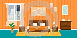 Bedroom with furniture. Flat style vector illustration. Cozy interior. Hotel room