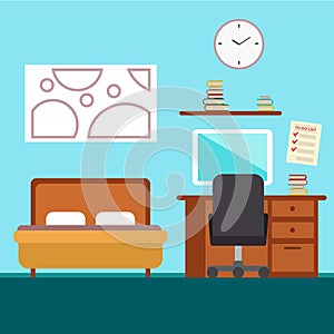 Bedroom with furniture. Flat style vector illustration. Cozy interior. Hotel room