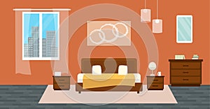 Bedroom with furniture. Flat style vector illustration. Cozy interior. Hotel room