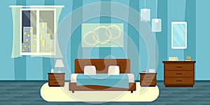 Bedroom with furniture. Flat style vector illustration. Cozy interior. Hotel room