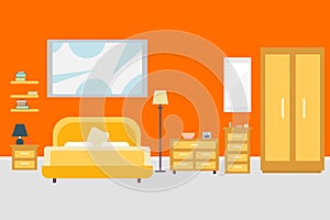 Bedroom with furniture. Flat style vector illustration. Cozy interior. Hotel room