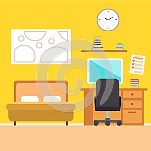 Bedroom with furniture. Flat style vector illustration. Cozy interior. Hotel room