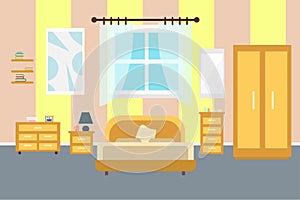 Bedroom with furniture. Flat style vector illustration. Cozy interior. Hotel room