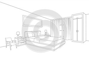 Bedroom furniture interior. Room line sketch drawing