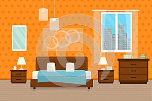 Bedroom with furniture and window. Flat style vector illustration. Cozy interior. Hotel room.