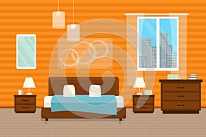 Bedroom with furniture and window. Flat style vector illustration. Cozy interior. Hotel room.