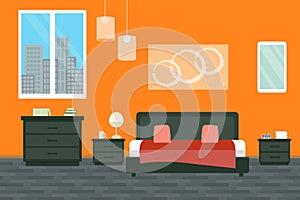 Bedroom with furniture and window. Flat style vector illustration. Cozy interior. Hotel room.