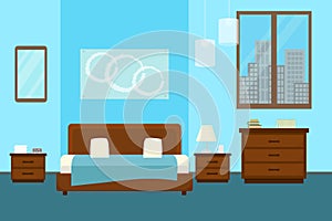 Bedroom with furniture and window. Flat style vector illustration. Cozy interior. Hotel room.