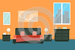 Bedroom with furniture and window. Flat style vector illustration. Cozy interior. Hotel room.