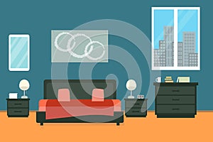 Bedroom with furniture and window. Flat style vector illustration. Cozy interior. Hotel room.