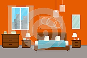 Bedroom with furniture and window. Flat style vector illustration. Cozy interior. Hotel room