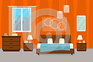 Bedroom with furniture and window. Flat style vector illustration. Cozy interior. Hotel room