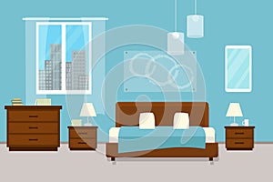 Bedroom with furniture and window. Flat style vector illustration. Cozy interior. Hotel room