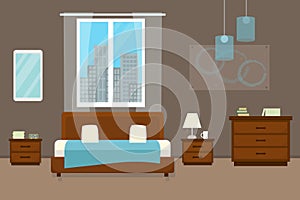 Bedroom with furniture and window. Flat style vector illustration. Cozy interior. Hotel room