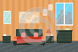 Bedroom with furniture and window. Flat style vector illustration. Cozy interior. Hotel room