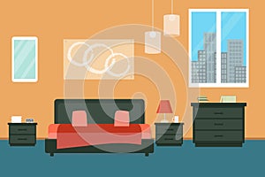 Bedroom with furniture and window. Flat style vector illustration. Cozy interior. Hotel room