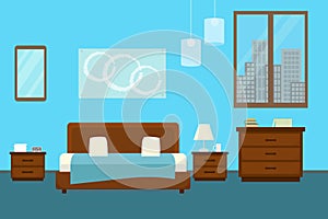 Bedroom with furniture and window. Flat style vector illustration. Cozy interior. Hotel room