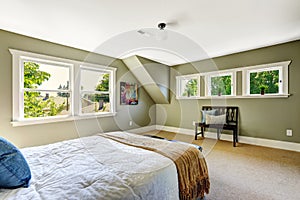 Bedroom with green walls and vaulted ceiling