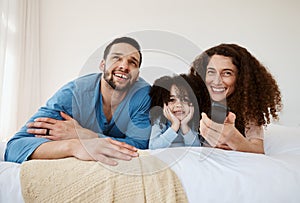 Bedroom, happy family child and parents watching tv series, movie or streaming online video, cinema or theatre together
