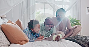 Bedroom, home and black family with cellphone, selfie and internet with social media or connection. Bed, parents or