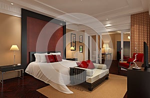 Bedroom or Hotelroom Interior 3D Illustration Photorealistic Rendering