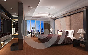 Bedroom or Hotelroom Interior 3D Illustration Photorealistic Rendering