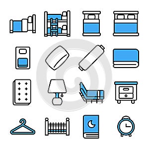 Bedroom icon set.Vector thin line style.