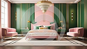 Dormitorio. arte estilo. diseno verde rosa a bebé.  una imagen tridimensional creada usando un modelo de computadora 