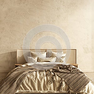 Bedroom interior background with furniture and empty frames. Home mockup. Coastal style. 3d render illustration.