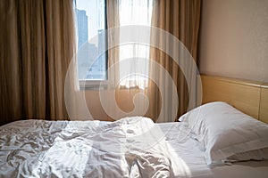 Bedroom interior,Bed with clean white pillows.