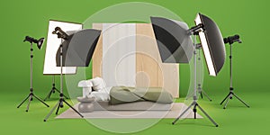 Bedroom interior with bed and professional studio equipment, tv show